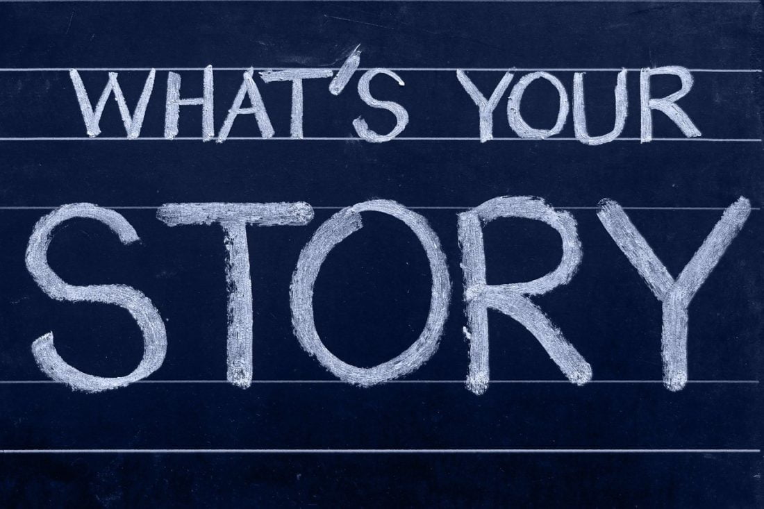 The phrase "WHAT'S YOUR STORY" in blackboard depicting overcoming procrastination with your story