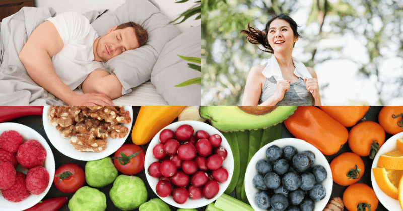 Collage of man sleeping, woman out for a run, healthy superfood symbolysing vital self-esteem boosting elements
