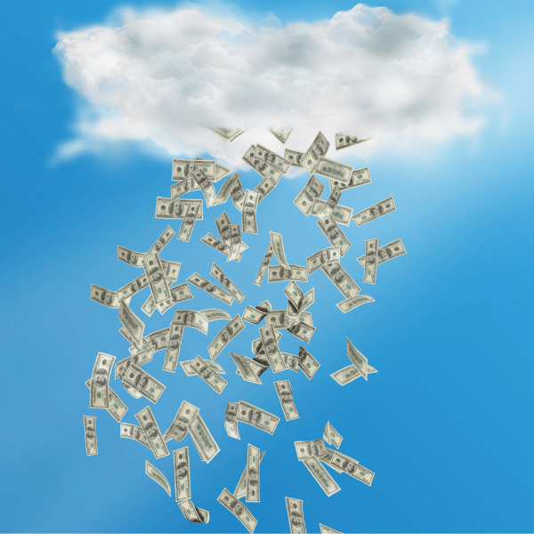 Money falling from sky through big cloud, representing the power of money magnet affirmations