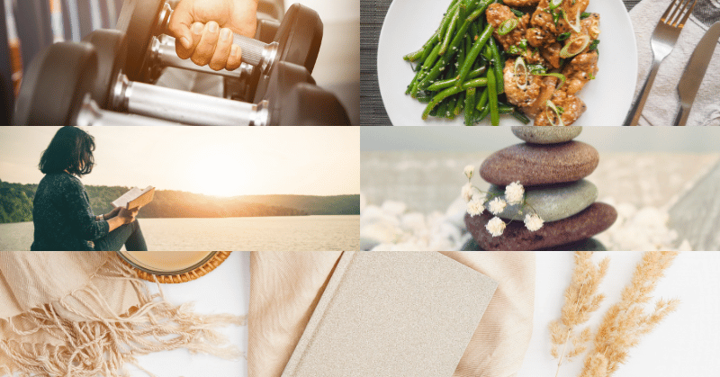 Collage of 30 day challenge ideas: going to gym, cooking, reading, meditating and journaling