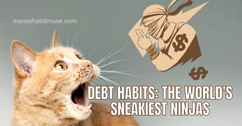 A cat in shock looking up at debt ninja sneaking up on him, realising the effect of accumulated debt habits