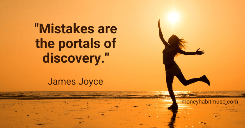 A happy woman jumping and James Joyce quote about mistakes: a habit of learning from mistakes to become a better person