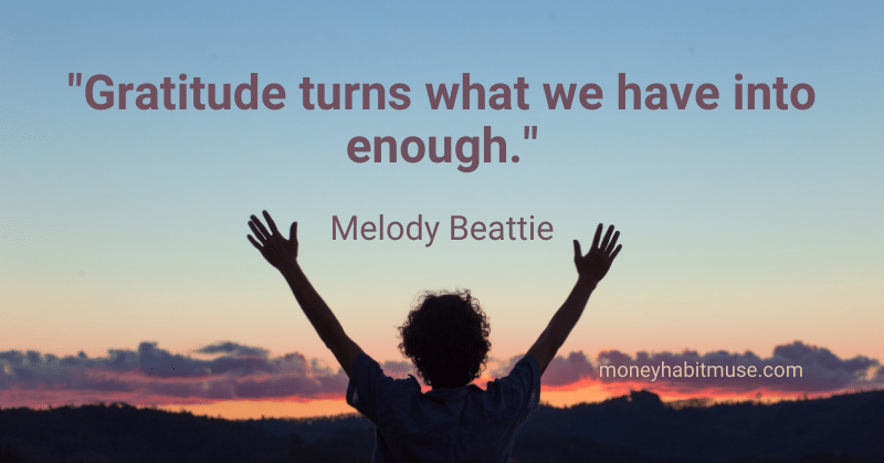 A person with arms raised and Melody Beattie quote about gratitude: a habit to become a better person.
