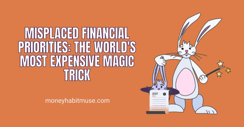 A rabbit magician pulling out a small rabbit out of hat holding debt statements, representing the cost of misplaced priorities