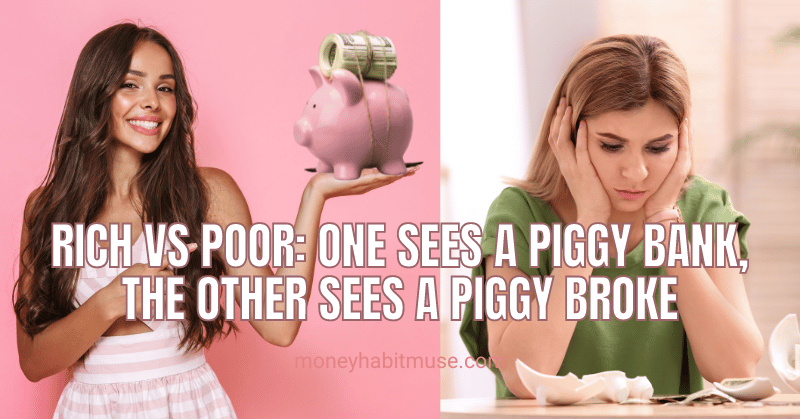 A split image of happy woman with full piggy bank and sad woman with broken piggy bank, displaying the contrast between the rich and poor
