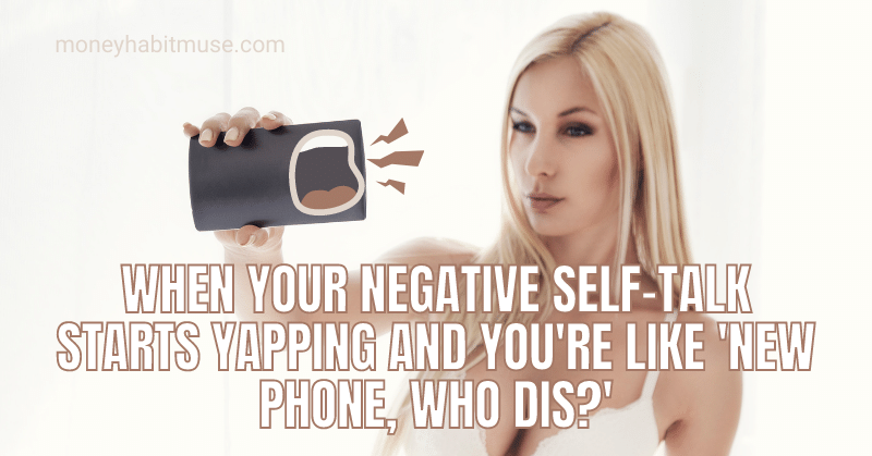 A woman holding a mobile phone away and yelling coming from the phone, looking unimpressed with negative self talk