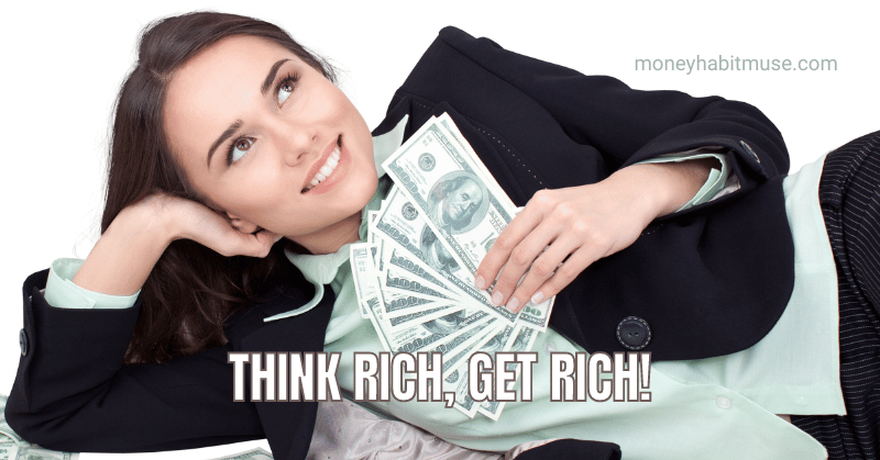 A smiling woman holding money looking up representing positive mindset, "think rich, get rich", when broke