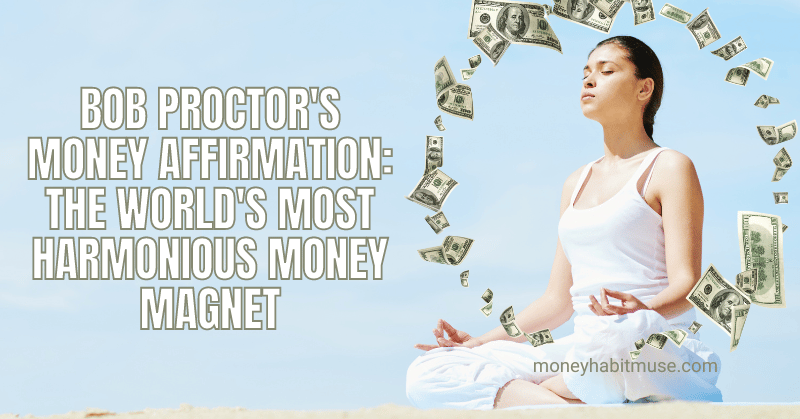A woman meditating peacefully with money falling around her, representing the power of Bob Proctor's money affirmation