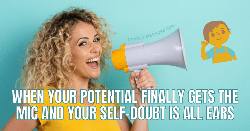 A woman speaks with loudspeaker and cartoon listening, your potential overpowering self-doubt
