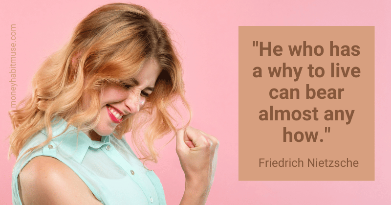 A smiling, happy woman and Friedrich Nietzsche quote about having a why to live bearing any how