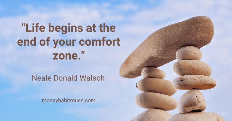 Stacks of pebbles and Neale Donald Walsch quote about life begins out of comfort zone representing how to find obsession.