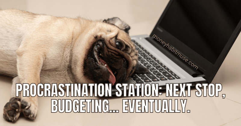 Dog pug lying on the laptop feeling lazy symbolysing procrastinating budgeting leading to cutting expenses to the bone