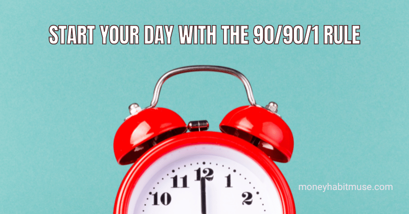 Red alarm clock with meme "START YOUR DAY WITH THE 90/90/1 RULE", showing one of productive hacks in time management.