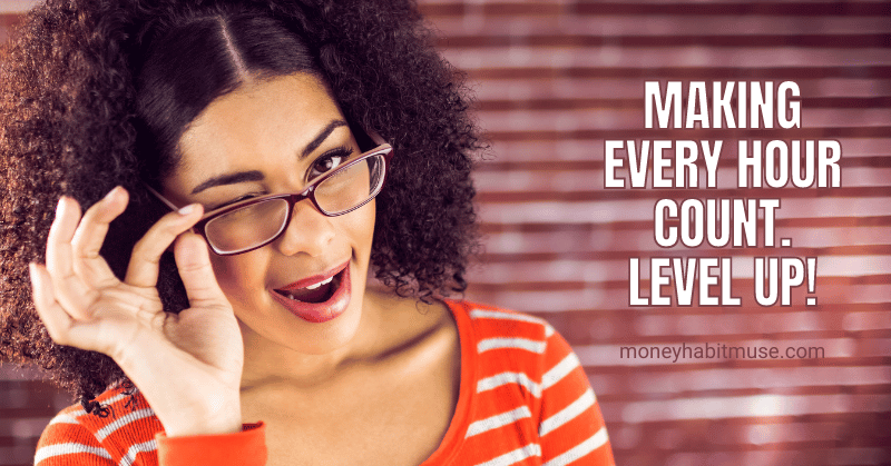 Woman winking with meme "MAKING EVERY HOUR COUNT. LEVEL UP!"