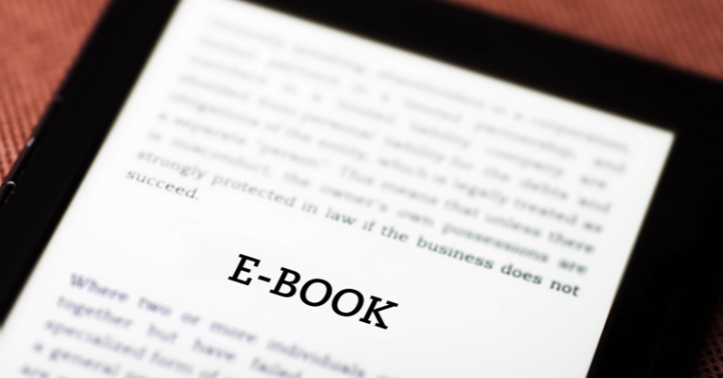 Word "E-BOOK" on a tablet device depicting advantages of ebooks