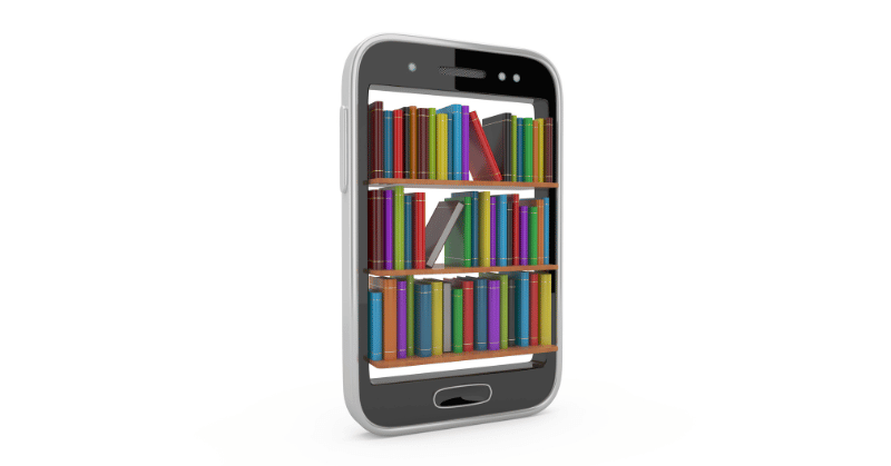 A mobile phone containing a stack of books depicting advantages of ebooks