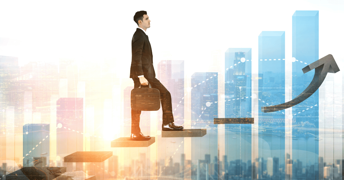Business man climbing up steps, symbolising the concept of success in think and grow rich 6 steps